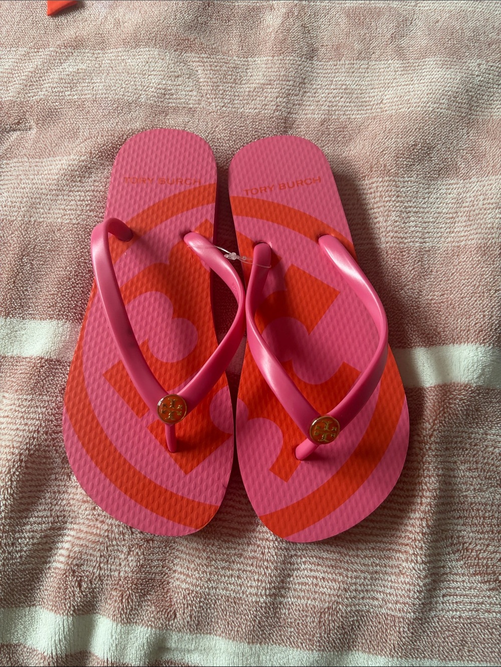 Tory Burch Hot Pink Flip Flop Soles with Gold Logo Detail size 5
